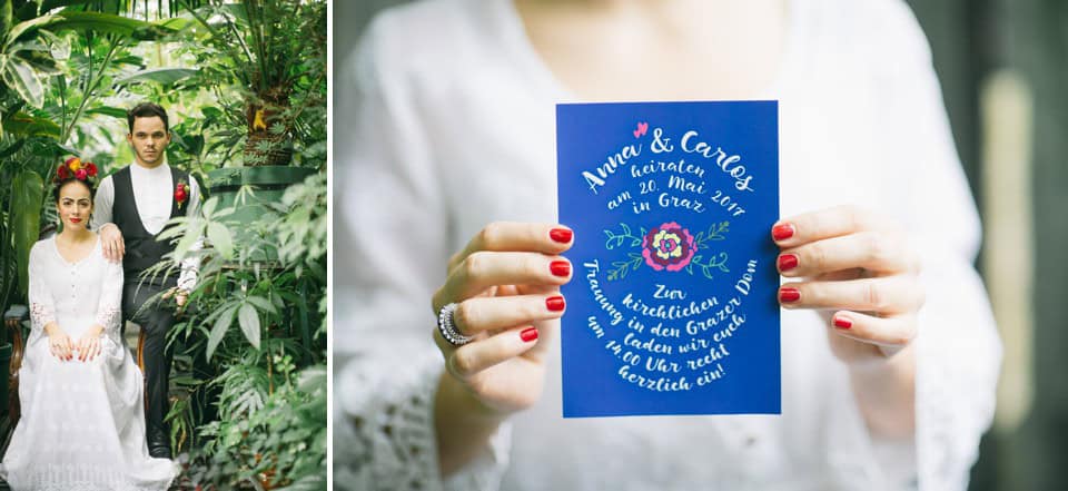 Hochzeitsfotos im grünen Gewächshaus, Braut und Bräutigam, natürliche Atmosphäre, professionelle Hochzeitsfotografie Tirol Österreich.