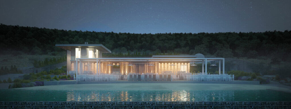 Schloss am Wasser bei Nacht, modernes Event-Location mit Beleuchtung, ideal für Hochzeiten und Events in Tirol.